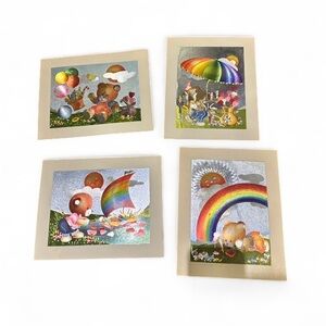 RARE Vintage 80s Holographic Bear Nursery prints set of 4